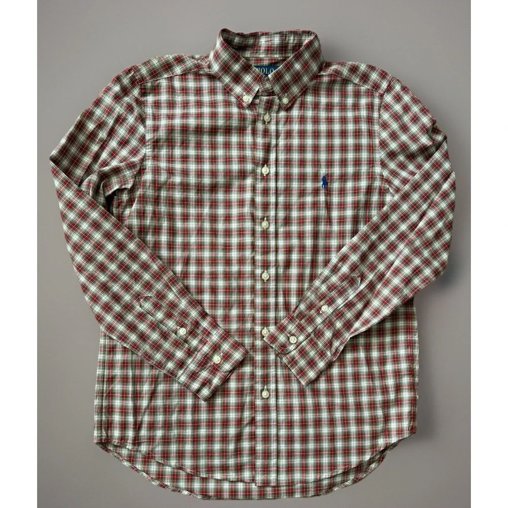 Polo Ralph Lauren Long Sleeve Button Down Shirt Logo Red Plaid Boys Large JBHS